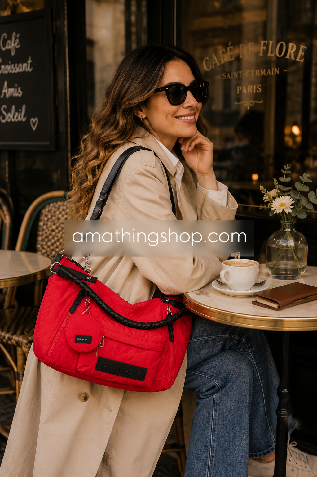 Bolso Desigual Rojo Mujer Prisma Libia Lifestyle Café Elegante Mujer elegante en cafetería usando bolso Desigual Prisma Libia rojo acolchado grande al hombro