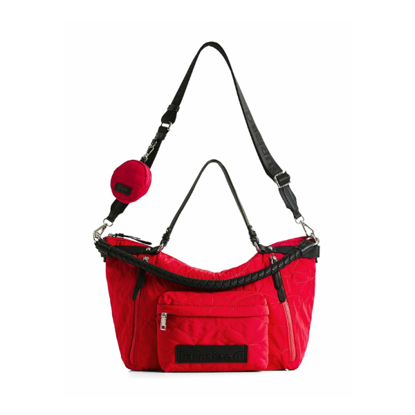 Bolso Desigual Prisma Libia rojo grande para mujer con diseño acolchado floral y monedero integrado.