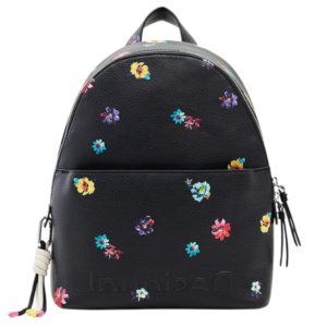 Mochila Desigual Back Fresia Mombasa Mini negra con estampado floral multicolor sobre fondo efecto piel, tamaño compacto, cierre con cremallera y correas ajustables, vista frontal en fondo claro.