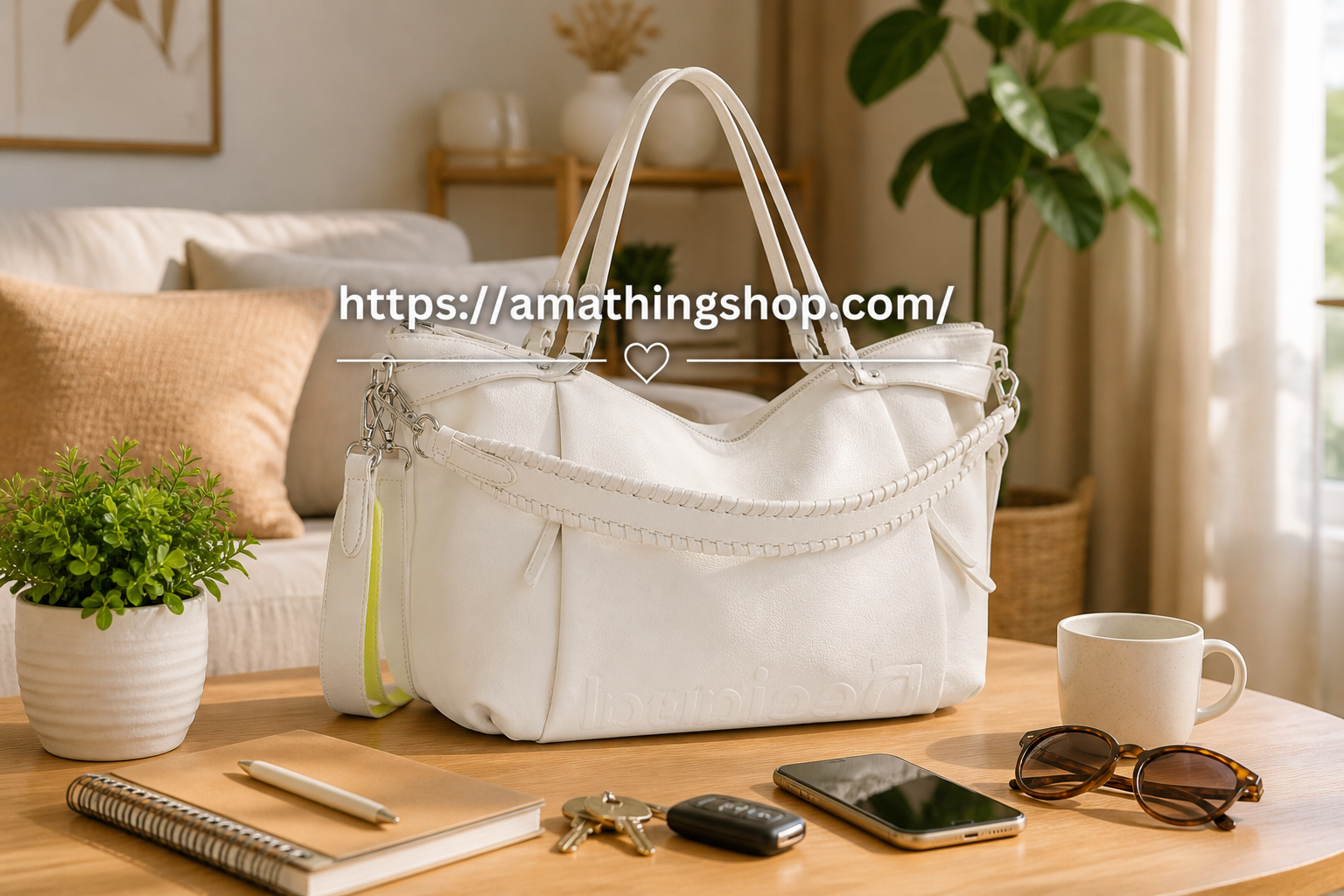 bolso blanco grande mujer desigual libia 2.0 sobre mesa con movil gafas uso diario trabajo comodo