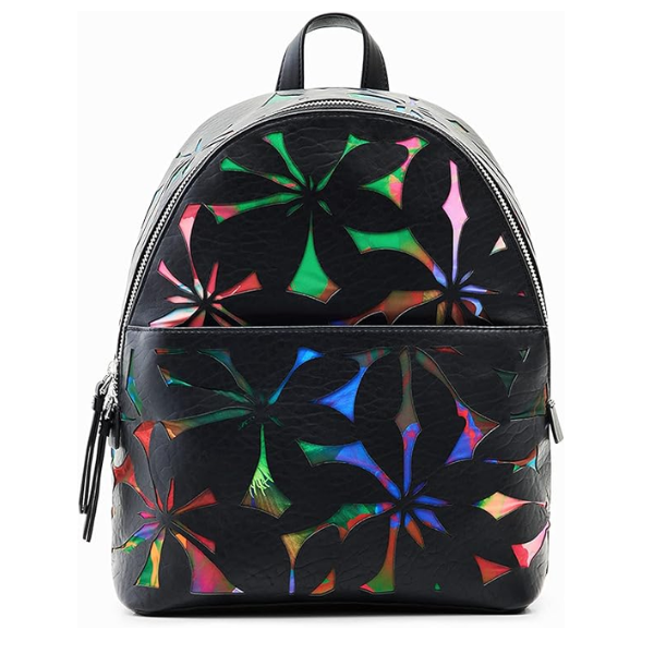 Mochila Desigual Back Onyx Mombasa Mini negra para mujer con flores troqueladas multicolor, cierre de cremallera y formato compacto. Modelo práctico para uso diario, oficina, paseos, viajes cortos, salidas informales y regalo especial.