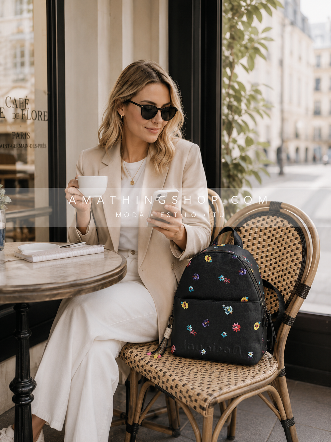 Mujer elegante en cafetería usando mochila Desigual floral negra estilo urbano lifestyle