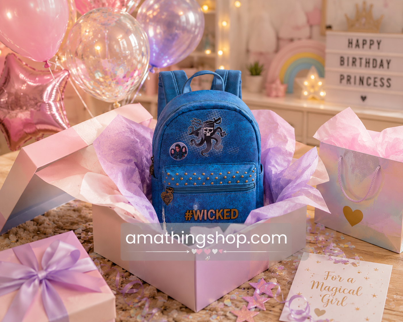 Mochila Disney Los Descendientes 3 azul presentada como regalo de cumpleaños para niña pequeña