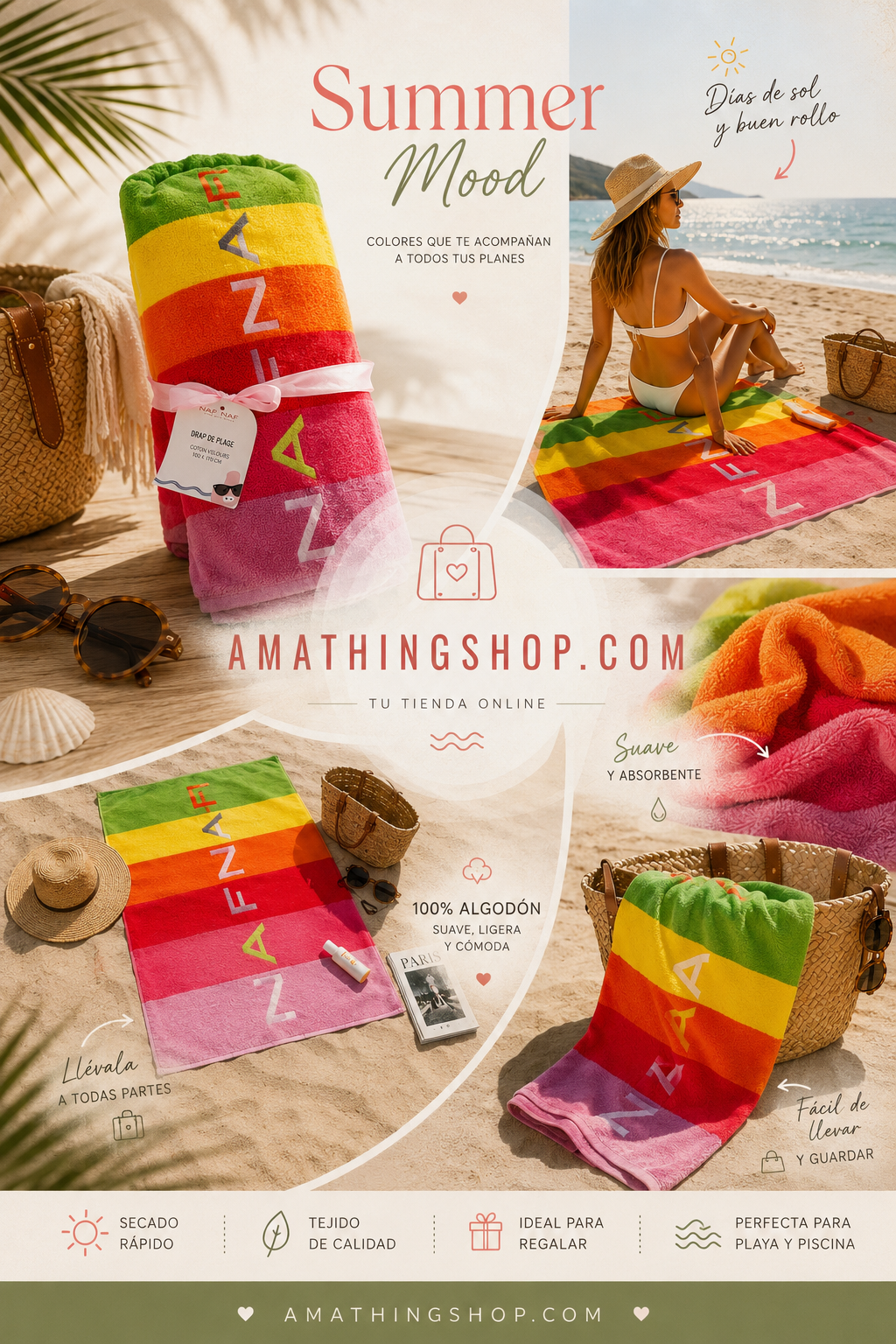 Collage editorial lifestyle de toalla Naf Naf multicolor con escenas de playa, textura de algodón y accesorios de verano para mujer.