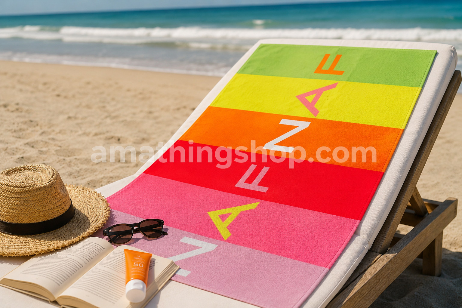 Toalla Naf Naf rayas multicolor colocada sobre tumbona blanca en playa con sombrero, gafas y crema solar. Diseño veraniego ideal para piscina y vacaciones.