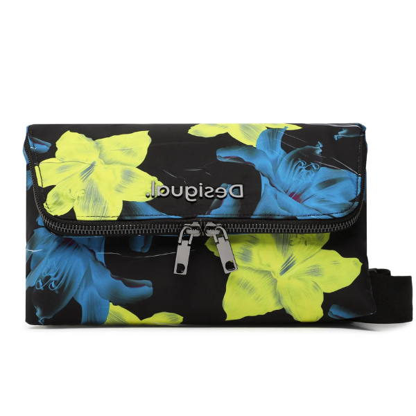 Bolso bandolera Desigual Jade Venecia negro con flores amarillas y azules, diseño floral efecto pintado a mano y formato pequeño.