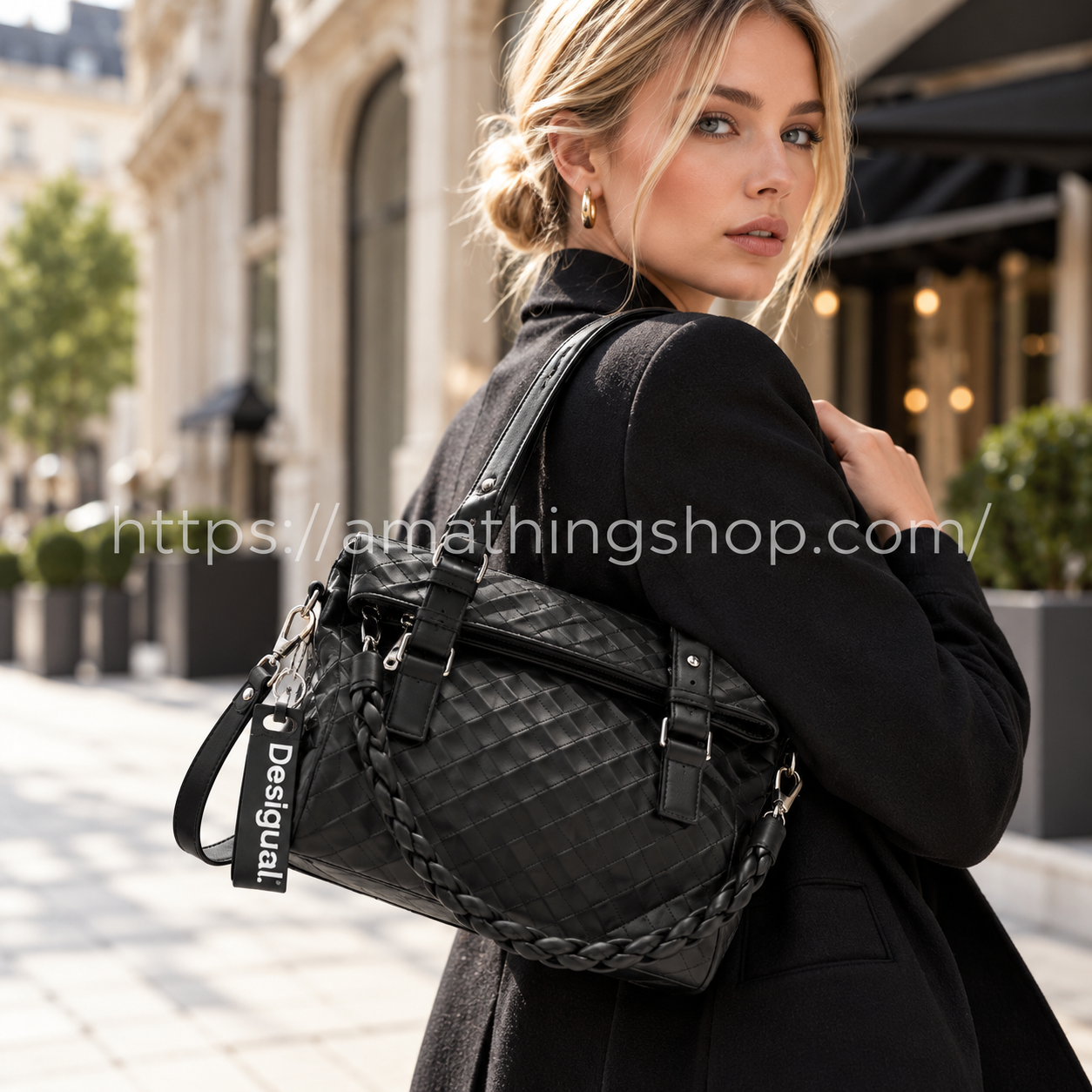 Bolso Desigual negro para mujer Loverty 2.0 Blogy multiposición con rombos en relieve y asa trenzada