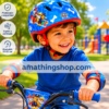 Niño usando casco infantil Paw Patrol azul y rojo mientras monta en bicicleta en un parque