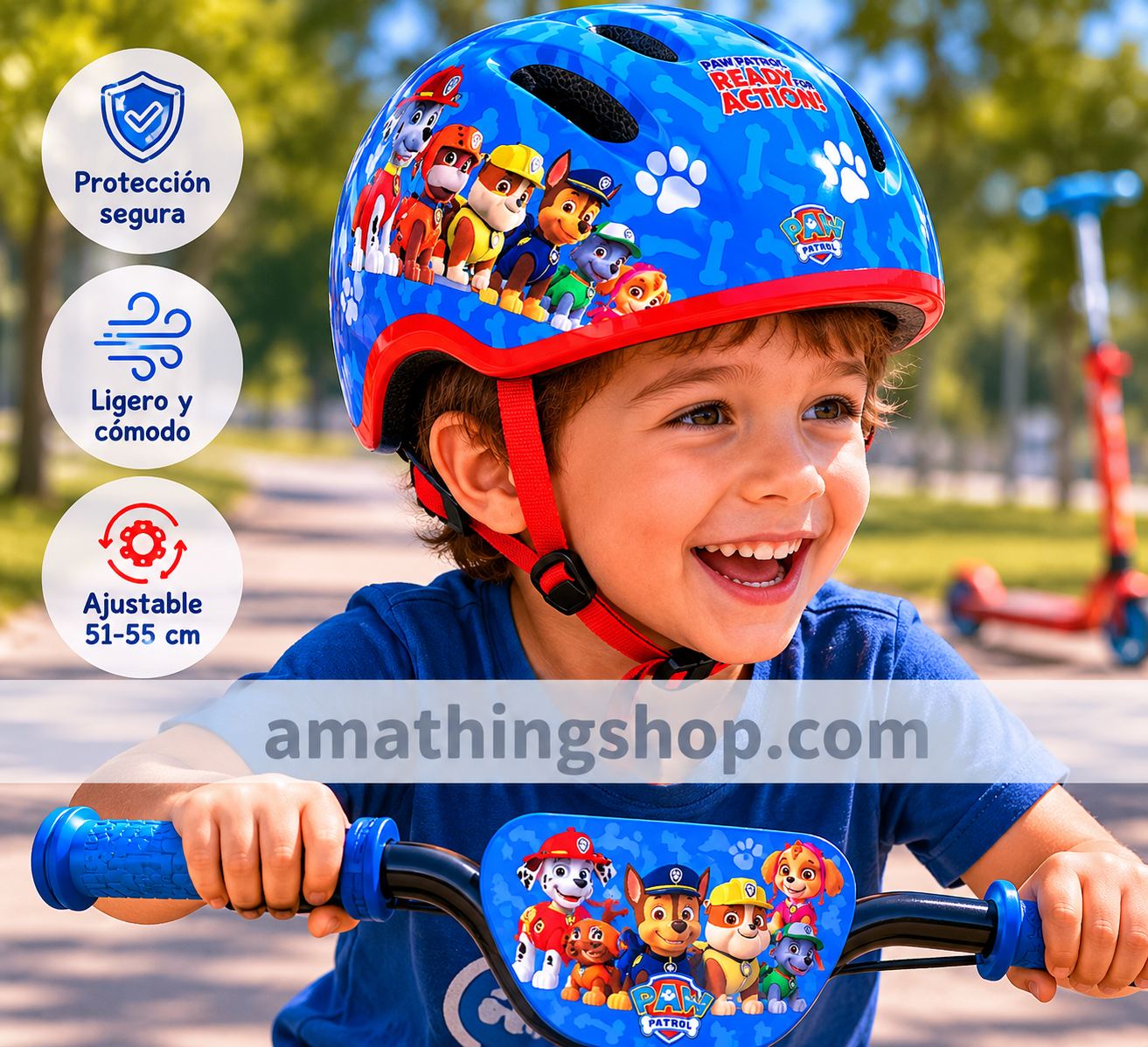 Niño usando casco infantil ajustable Paw Patrol azul y rojo para bicicleta y patinete