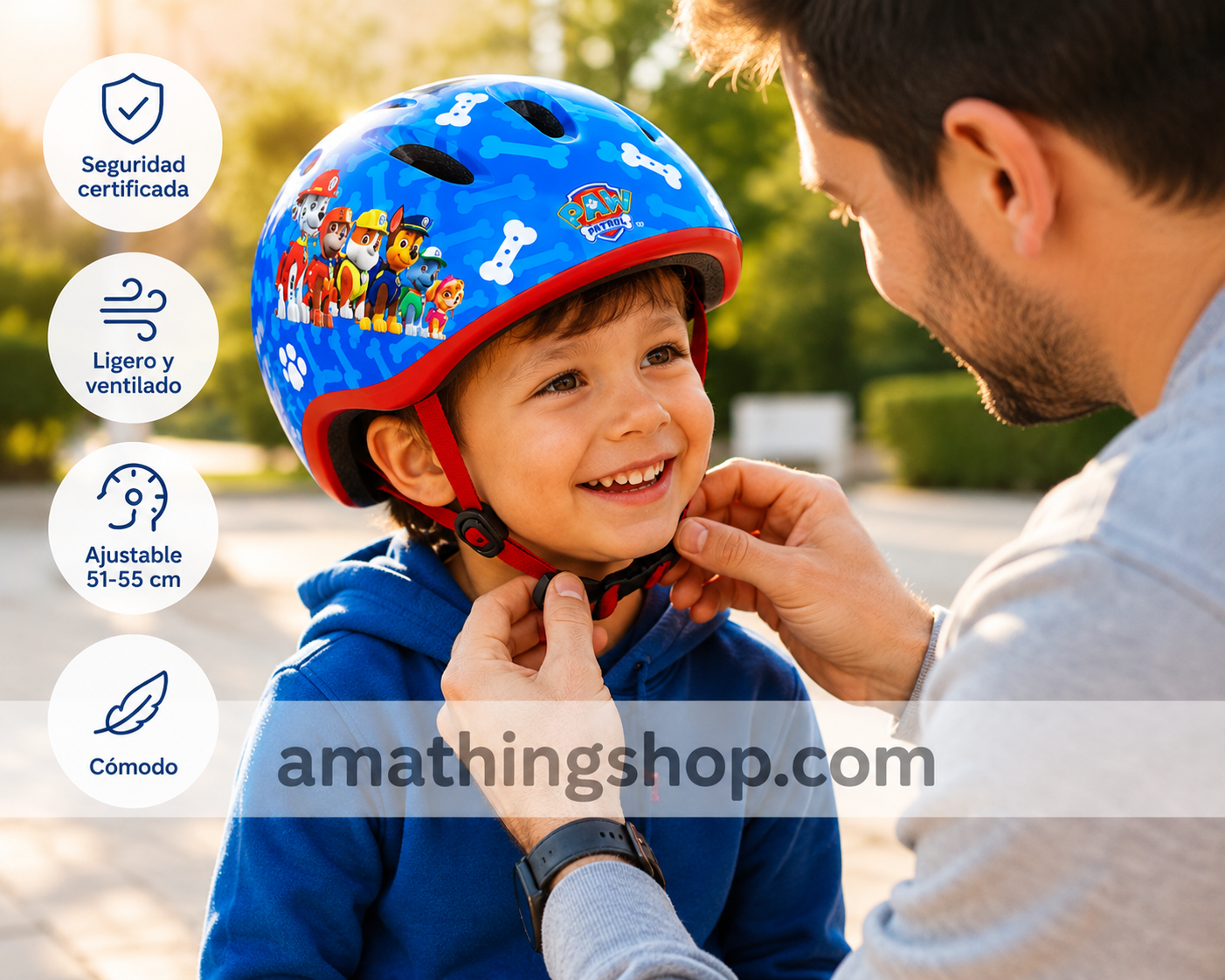Padre ajustando casco infantil Paw Patrol azul y rojo a un niño pequeño en parque exterior