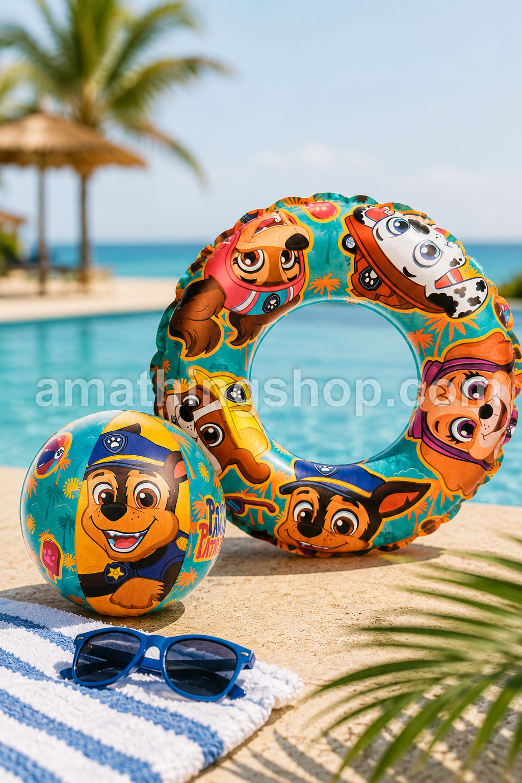 Set hinchable PAW Patrol con flotador de 42 cm y pelota de playa de 30 cm para niños, ideal para piscina, vacaciones y verano.