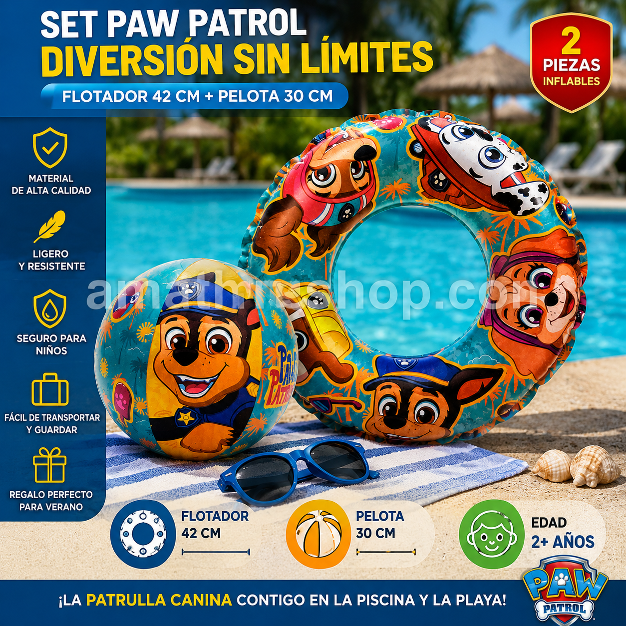 Set oficial PAW Patrol con flotador hinchable de 42 cm y pelota de playa de 30 cm para niños mayores de 2 años, ideal para verano, piscina y vacaciones.