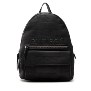 Mochila Desigual Tris Tras Mombasa Mini negra para mujer con diseño acolchado y logo en relieve, estilo urbano y compacto.