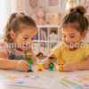 Dos niñas jugando con el pack original de figuras Cocomelon Familia de Cody con Mom Dad Cody y Pickles sobre una mesa en una habitación infantil luminosa
