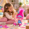 Niña jugando con la muñeca interactiva Poppy de Trolls World Tour, con melena rosa, vestido azul y patines.