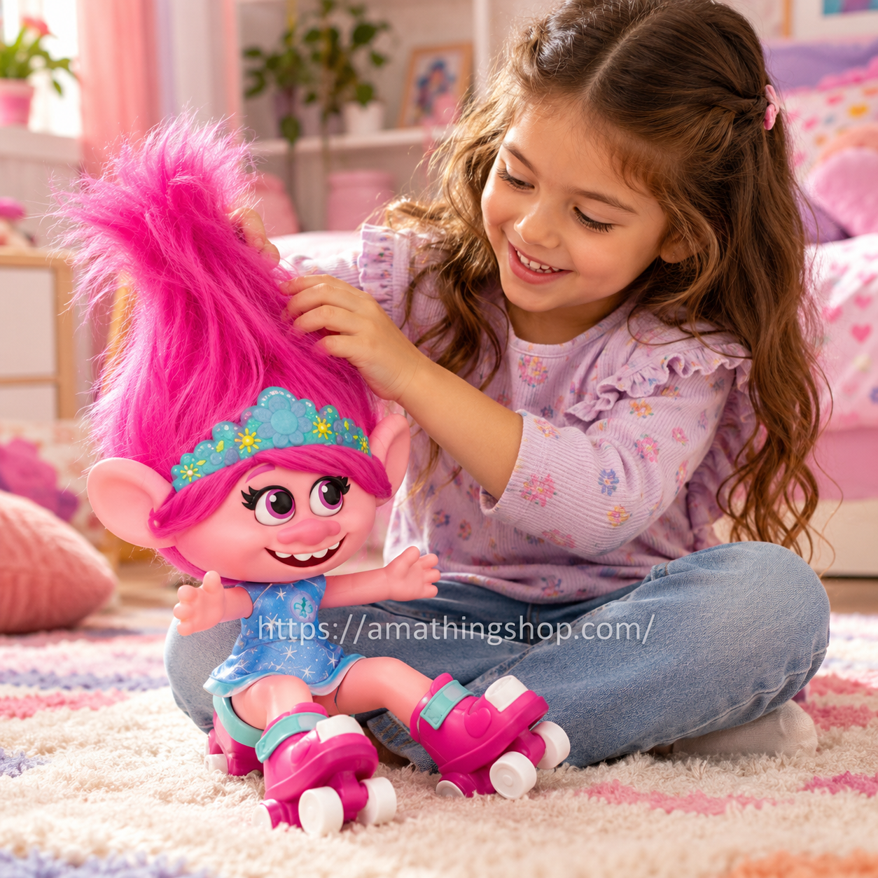 Niña de 5 años jugando con la muñeca interactiva Trolls Poppy Melena con Ritmo de Hasbro, con pelo rosa, diadema de flores y patines.