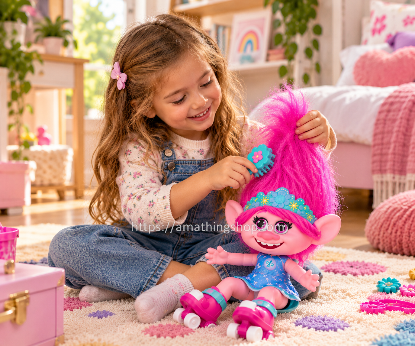Niña jugando con la muñeca interactiva Poppy de Trolls World Tour, con melena rosa, vestido azul y patines.