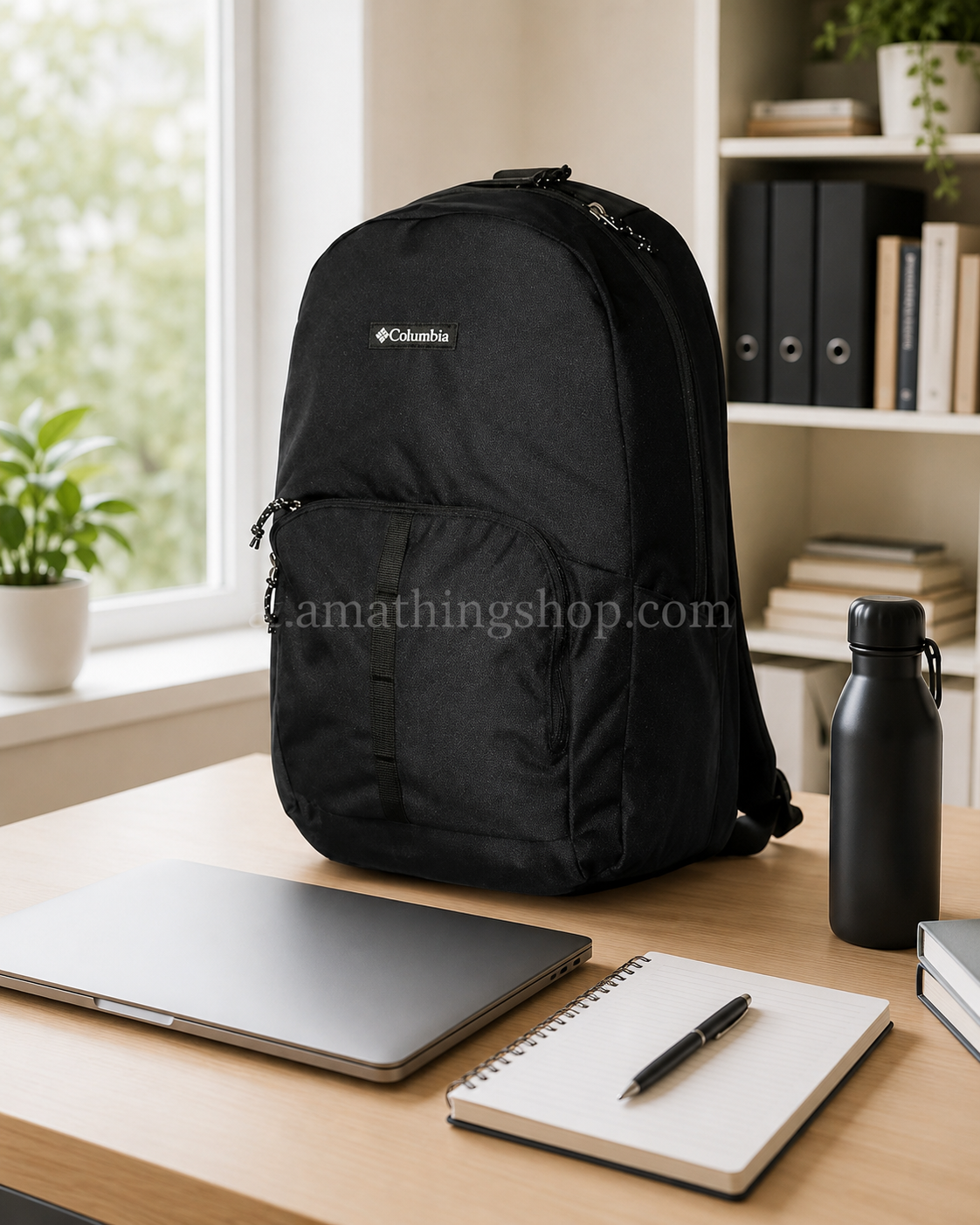Mochila Columbia negra 25L para portátil, trabajo y universidad Mochila Columbia negra unisex 25L sobre escritorio con portátil, libreta, botella y libros, ideal para trabajo, universidad, oficina, viajes cortos y uso diario.