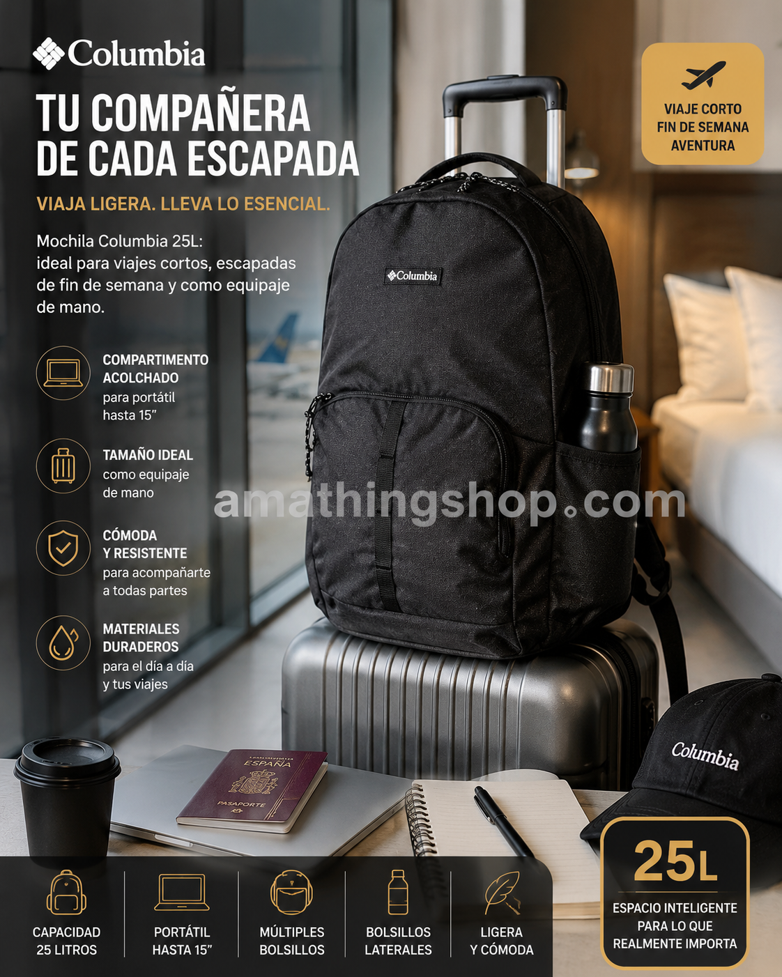 Mochila Columbia negra 25L para viaje corto, escapada y equipaje de mano Mochila Columbia negra unisex 25L sobre maleta en habitación de hotel con portátil, pasaporte, libreta y botella, ideal para viaje corto, escapadas, equipaje de mano, trabajo y uso diario.