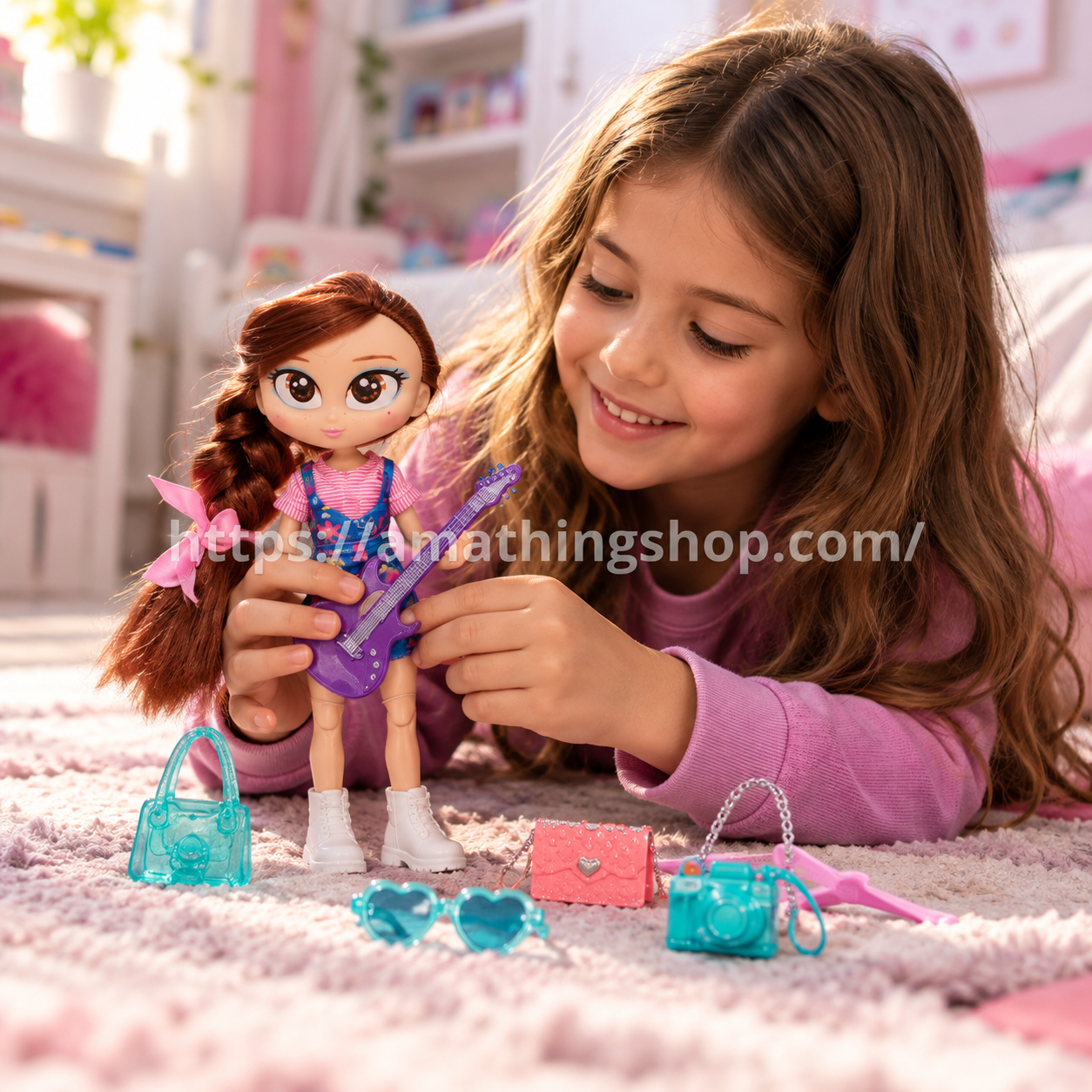 Niña jugando con muñeca Distroller Tinga Teen Tokers con guitarra y accesorios