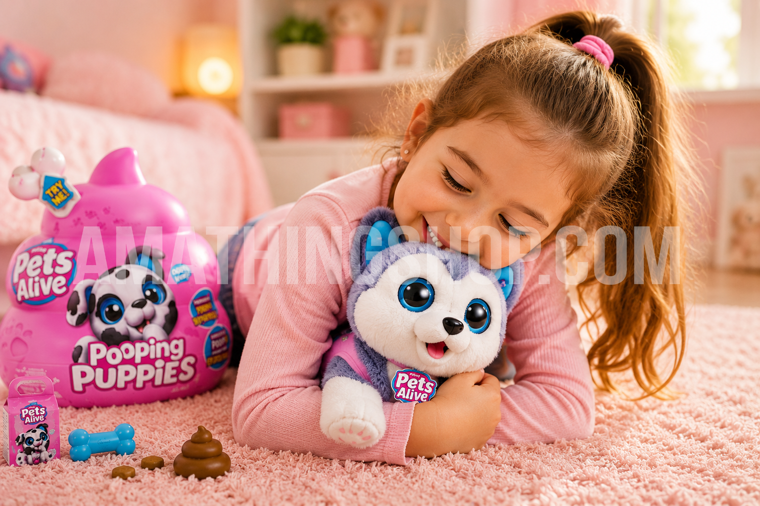 Niña abrazando el cachorro interactivo Pets Alive Pooping Puppies Husky en habitación infantil rosa, juguete educativo que camina, ladra y hace caca mágica.