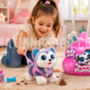 Niña jugando con Pets Alive Pooping Puppies Husky, juguete interactivo de cachorro que camina, ladra y hace caca mágica para niños y niñas mayores de 3 años.