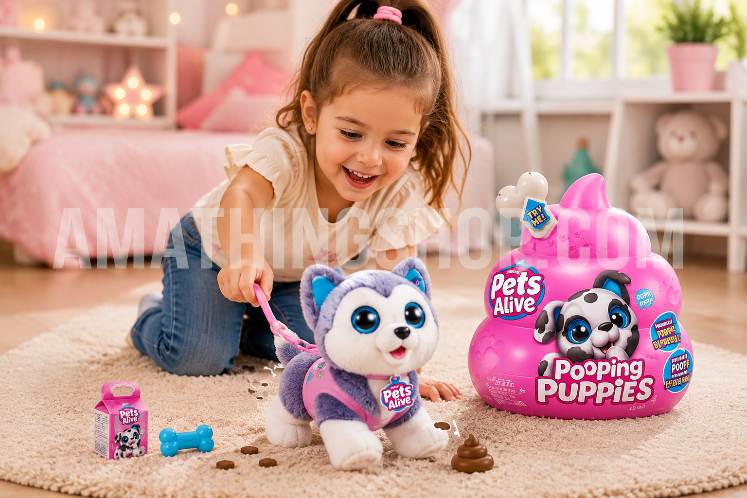 Niña jugando con Pets Alive Pooping Puppies Husky, juguete interactivo de cachorro que camina, ladra y hace caca mágica para niños y niñas mayores de 3 años.