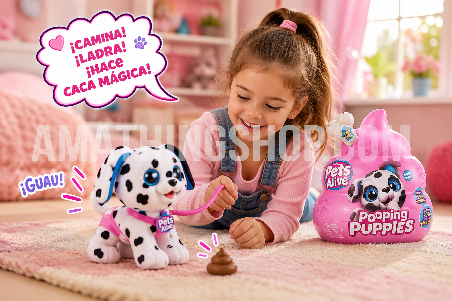 Niña jugando con Pets Alive Pooping Puppies, juguete interactivo de cachorro que camina, ladra y hace caca mágica, ideal para niños y niñas +3 años.