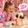 Niña jugando con Pets Alive Pooping Puppies Pug, juguete interactivo de cachorro que camina, ladra y hace caca mágica para niños y niñas mayores de 3 años.