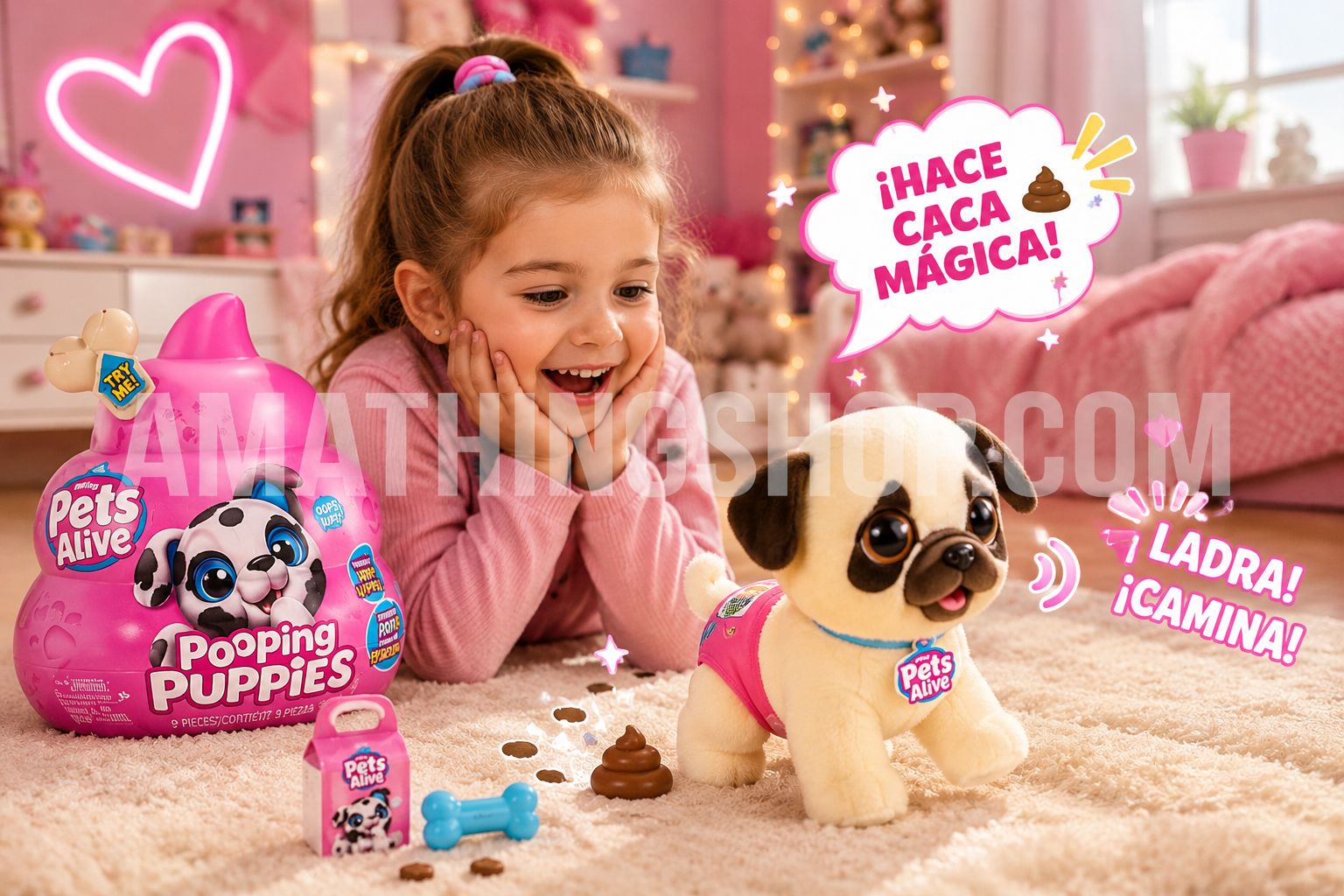 Niña jugando con Pets Alive Pooping Puppies Pug, juguete interactivo de cachorro que camina, ladra y hace caca mágica para niños y niñas mayores de 3 años.
