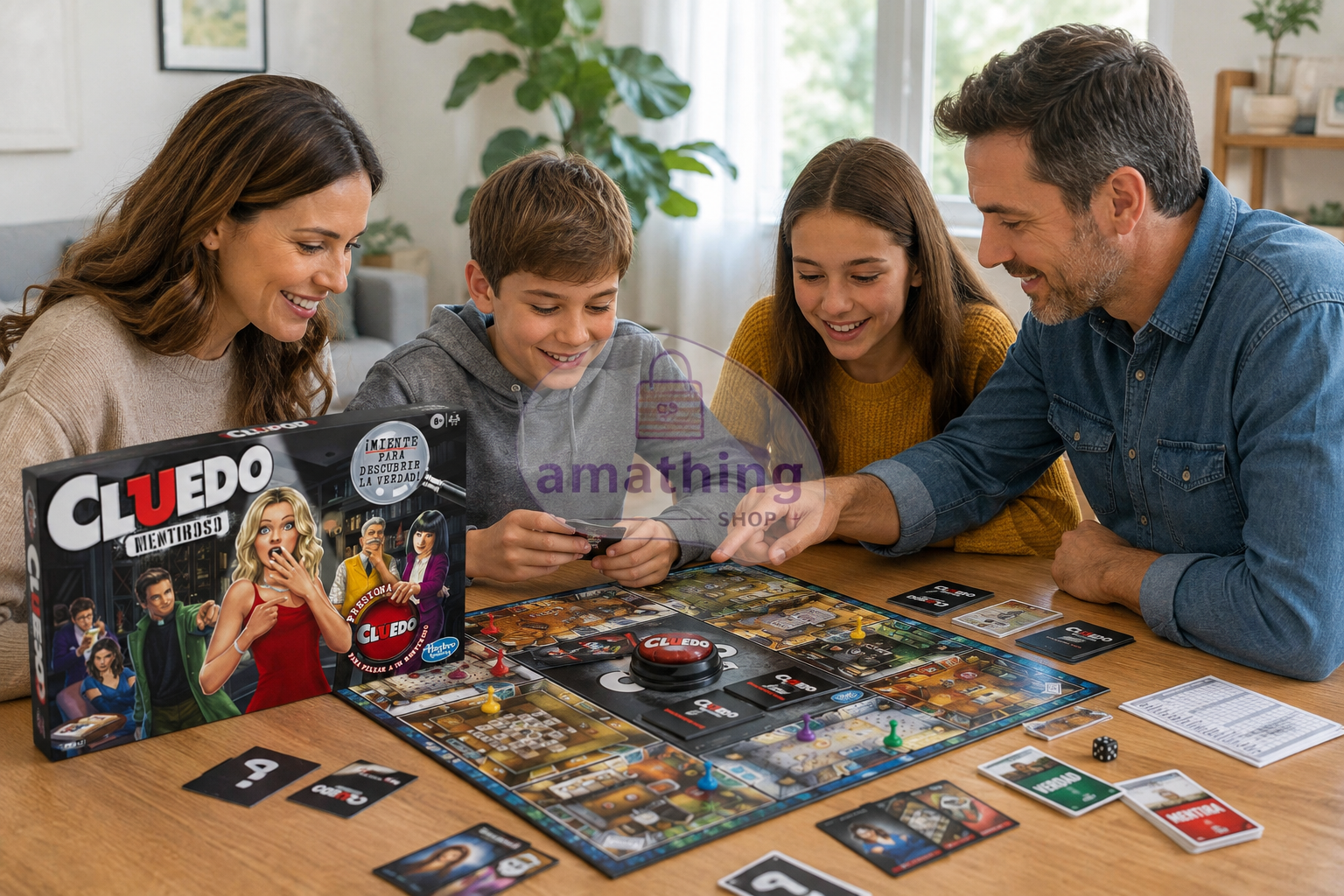 Familia jugando a Cluedo Mentiroso Hasbro E9779 con botón electrónico