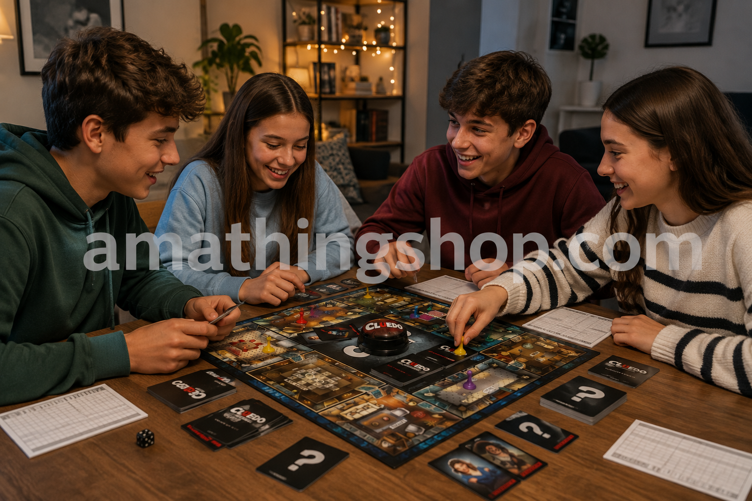 Cuatro adolescentes jugando a Cluedo Mentiroso Hasbro, juego de mesa de misterio y deducción