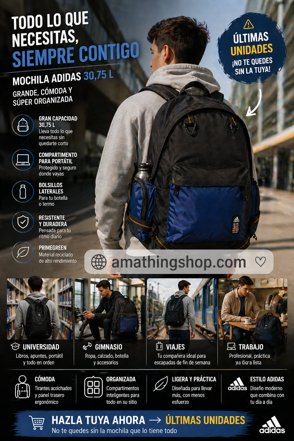 mochila adidas grande 30 litros comoda para viajar trabajo universidad con compartimentos portatil uso diario resistente