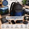 Infografía de mochila Adidas negra y azul de 30,75L con compartimento para portátil y materiales reciclados. Muestra usos para universidad, gimnasio, viajes y trabajo, destacando su gran capacidad y organización - Amathingshop.com