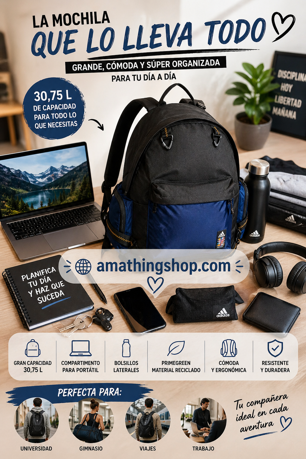 Infografía de mochila Adidas negra y azul de 30,75L con compartimento para portátil y materiales reciclados. Muestra usos para universidad, gimnasio, viajes y trabajo, destacando su gran capacidad y organización - Amathingshop.com