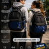 Infografía de mochila Adidas negra y azul 30,75L con compartimento acolchado para portátil, bolsillos laterales y material Primegreen reciclado resistente. Muestra usos para universidad, gimnasio, viajes y trabajo, con tirantes ergonómicos. Incluye mensaje de últimas unidades y enlace para descubrirla - Amathingshop.com