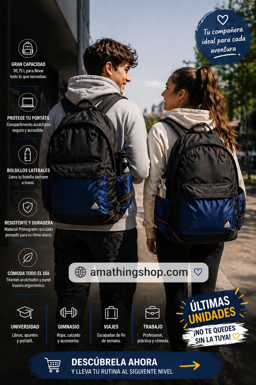Infografía de mochila Adidas negra y azul 30,75L con compartimento acolchado para portátil, bolsillos laterales y material Primegreen reciclado resistente. Muestra usos para universidad, gimnasio, viajes y trabajo, con tirantes ergonómicos. Incluye mensaje de últimas unidades y enlace para descubrirla - Amathingshop.com