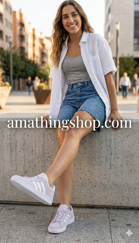 Zapatillas Adidas Grand Court para mujer en color lila claro con tres rayas blancas, puestas por una chica con bermudas vaqueras en un entorno urbano, disponible en amathingshop.com