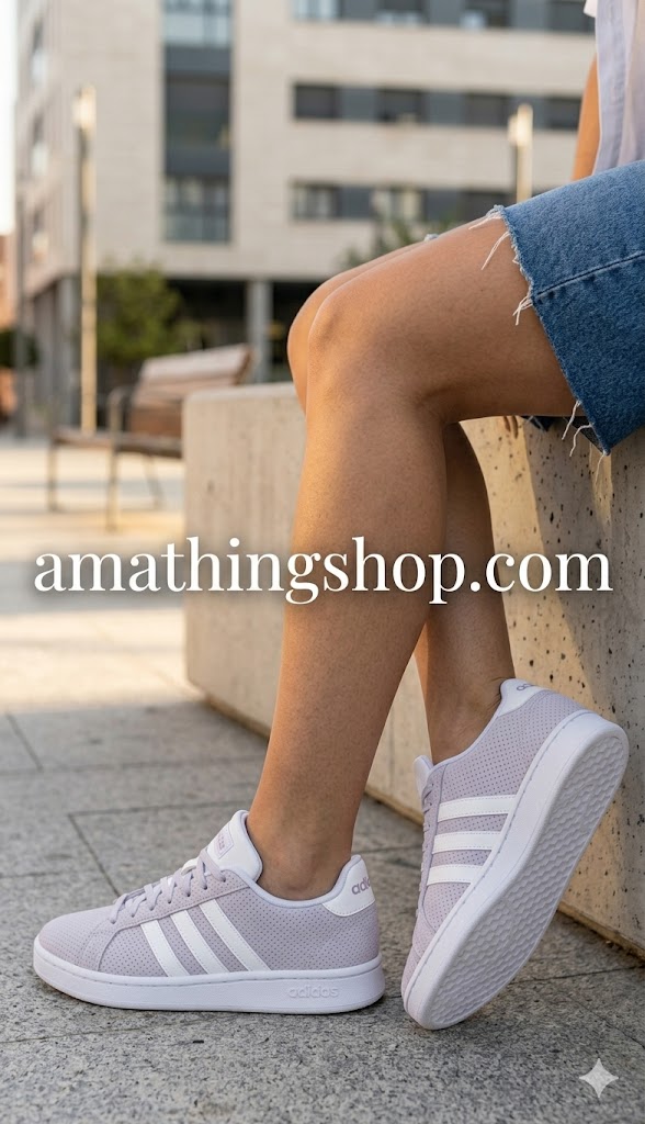 Primer plano detallado de las zapatillas Adidas Grand Court EE7476 perforadas en color lila claro puestas por una chica con pantalones cortos vaqueros, look de ciudad en amathingshop.com.