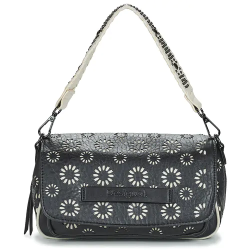 Borsa-a-tracolla-donna-Desigual-AMORINA-TROMSO-Bianco-Desigual-8445110450819 Bolso Desigual Amorina Tromso negro y blanco para mujer con diseño troquelado floral geométrico, asa corta con tachuelas y correa bandolera ajustable.