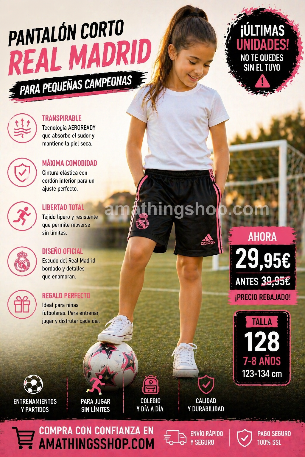 Niña con pantalón Real Madrid negro con detalles rosa Adidas jugando al fútbol cómoda y transpirable para uso diario