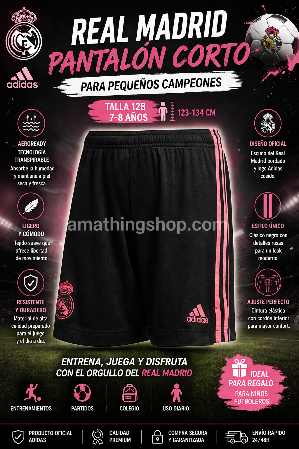 Niño jugando al fútbol con pantalón Real Madrid negro con detalles rosa Adidas cómodo y transpirable para uso diario