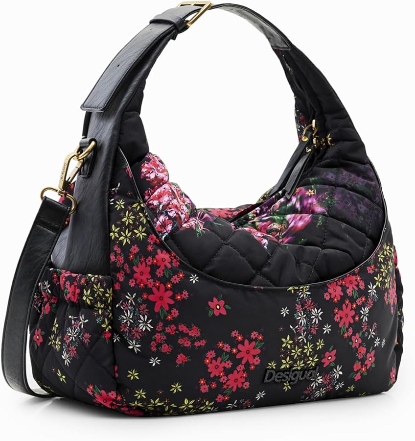 Bolso bandolera grande Desigual New London Yenes con estampado floral sobre fondo negro, ideal para uso diario.