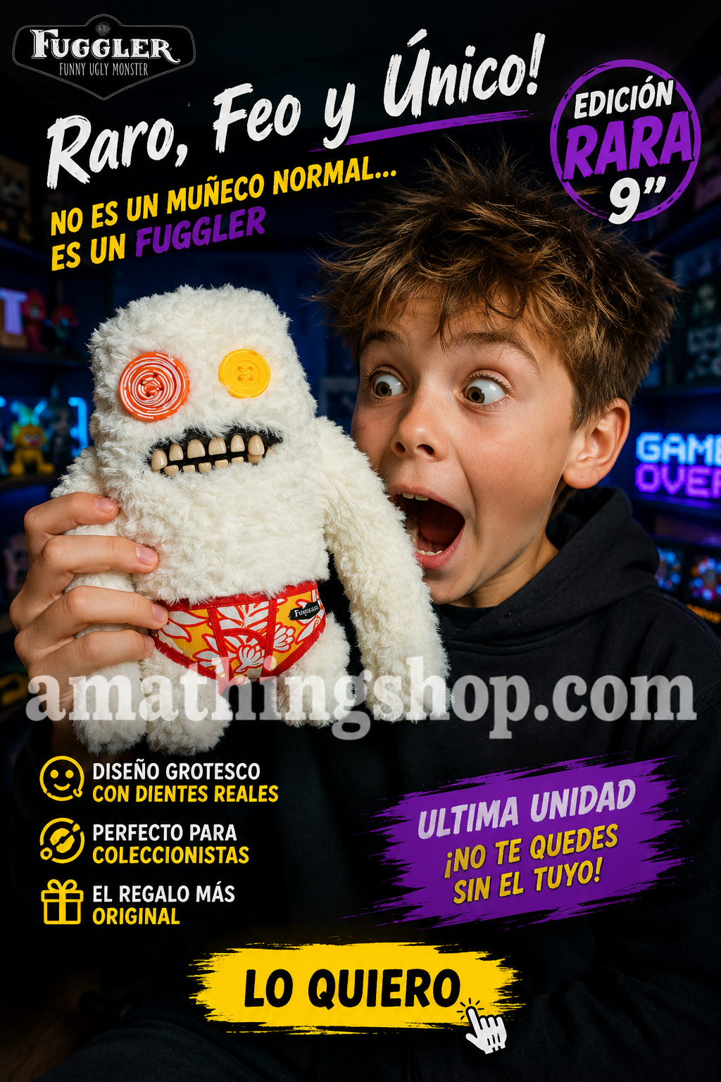 Niño sorprendido sosteniendo Fuggler Budgie Sasquoosh blanco edición rara de 9 pulgadas con diseño feo y divertido