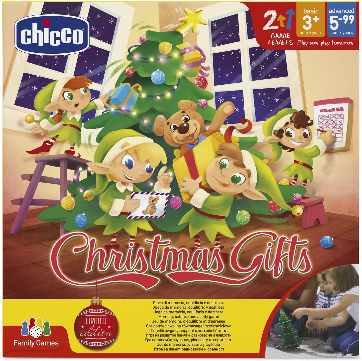 juego de mesa chicco christmas gifts niños navidad memoria equilibrio árbol