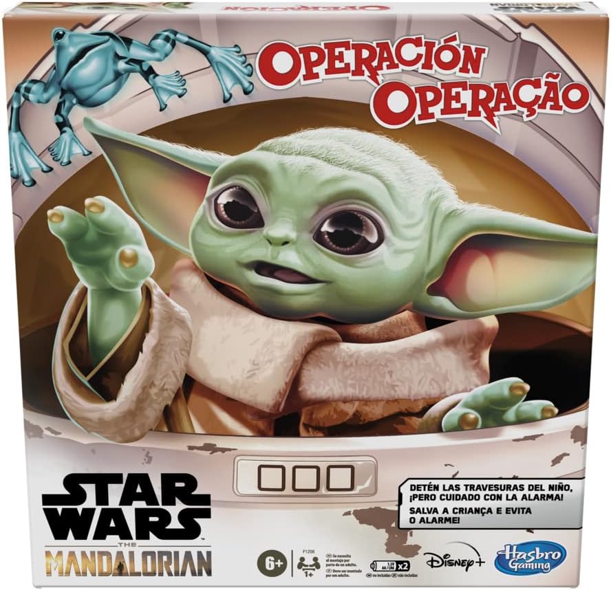 Juego Operación Star Wars The Mandalorian con Grogu. Incluye 12 piezas temáticas y efectos de sonido. Perfecto para niños fans de Star Wars y para jugar en familia.