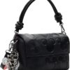 Bolso desigual mickey mujer Phuket Mini negro bandolera con relieve geometrico solapa imantada y llavero.