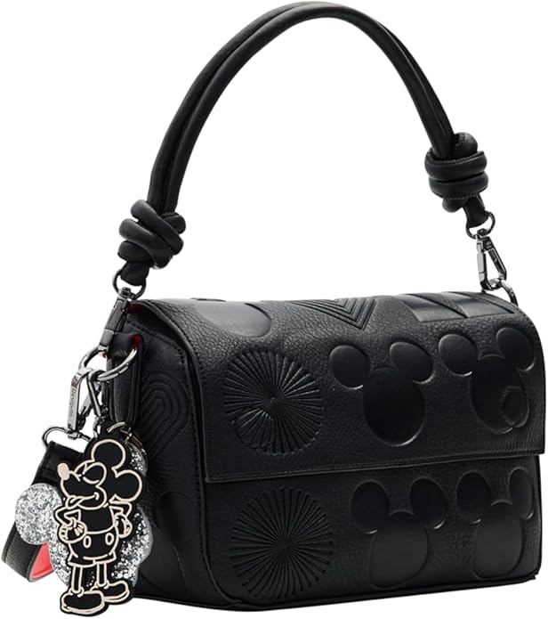 Bolso desigual mickey mujer Phuket Mini negro bandolera con relieve geometrico solapa imantada y llavero.