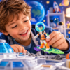 Niño jugando con figura Phoebe Callisto de Miles del Mañana y tabla espacial Blastboard.