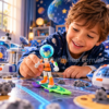 Niño jugando con la figura Phoebe Callisto de Miles del Mañana sobre su tabla espacial verde y morada.